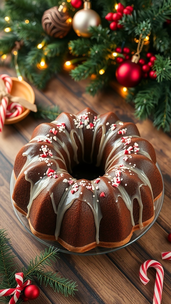 A festive bundt cake decorated with glaze and sprinkles, set on a wooden table with Christmas decorations.